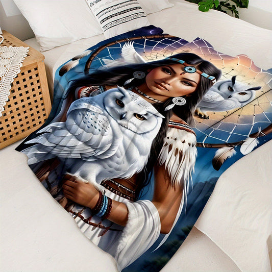 This soft and warm polyester knit flannel throw blanket features a digital print of an eagle queen, perfect for use on the sofa, bed, or while traveling or camping. The contemporary design includes a dreamcatcher and owl, making it suitable for use in