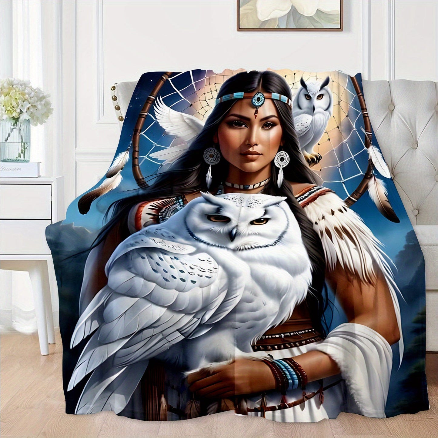 This soft and warm polyester knit flannel throw blanket features a digital print of an eagle queen, perfect for use on the sofa, bed, or while traveling or camping. The contemporary design includes a dreamcatcher and owl, making it suitable for use in