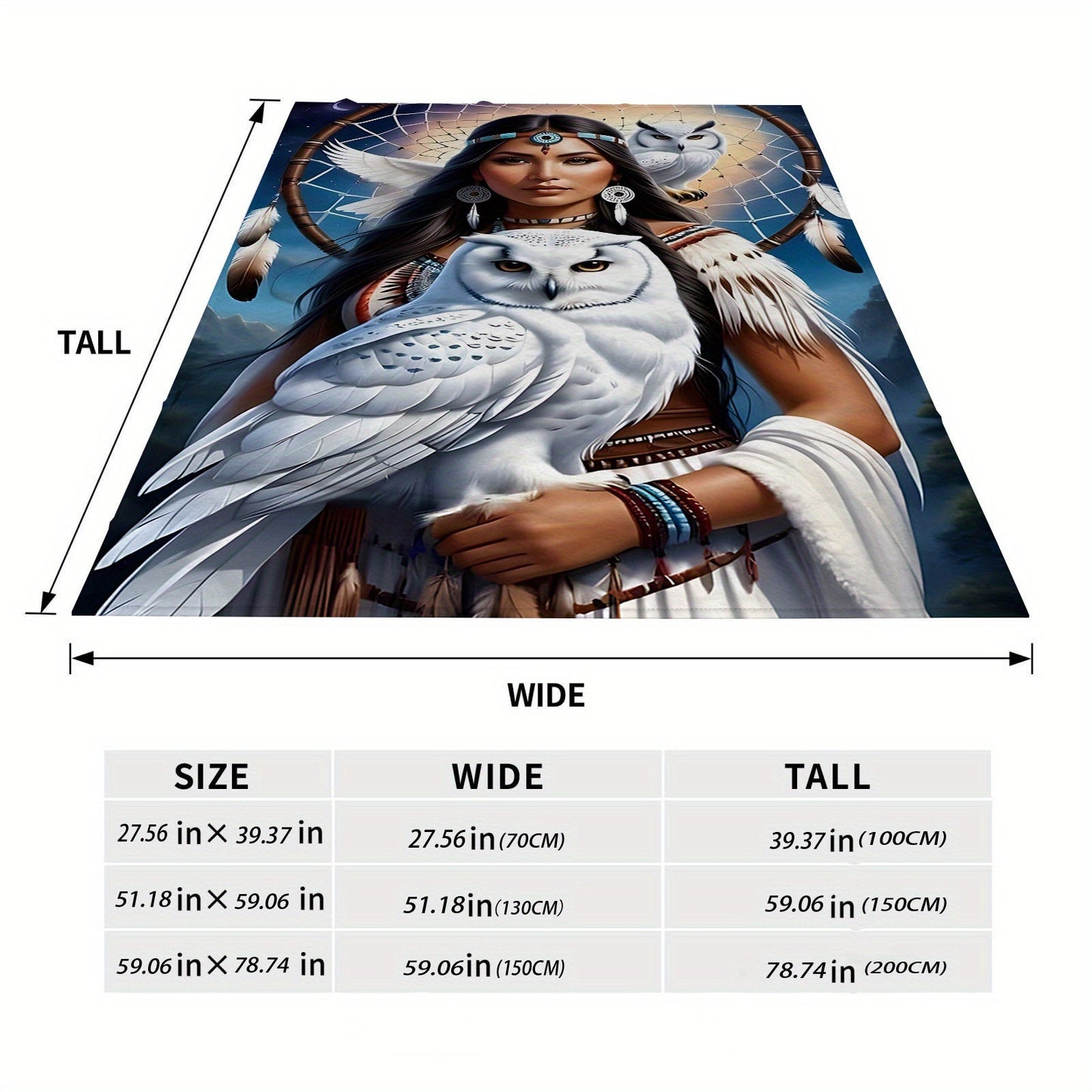 This soft and warm polyester knit flannel throw blanket features a digital print of an eagle queen, perfect for use on the sofa, bed, or while traveling or camping. The contemporary design includes a dreamcatcher and owl, making it suitable for use in