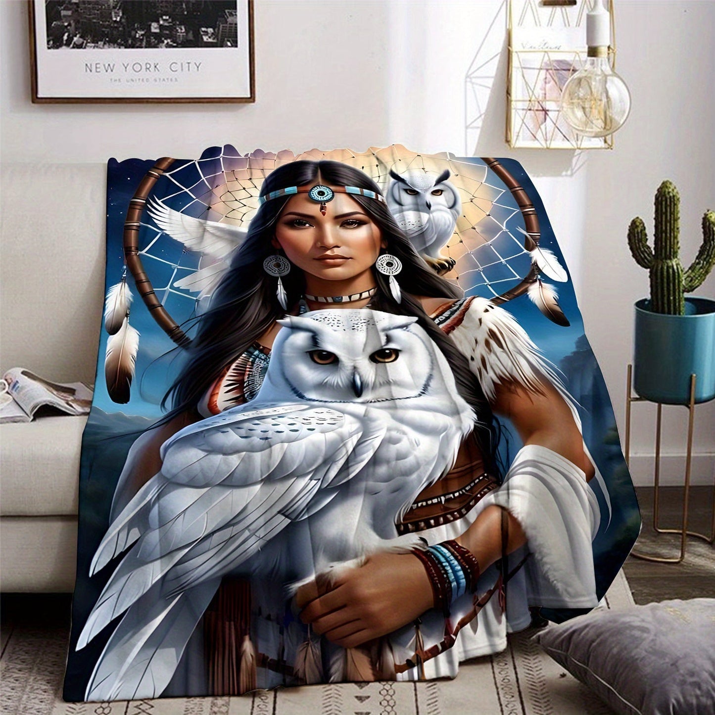 This soft and warm polyester knit flannel throw blanket features a digital print of an eagle queen, perfect for use on the sofa, bed, or while traveling or camping. The contemporary design includes a dreamcatcher and owl, making it suitable for use in