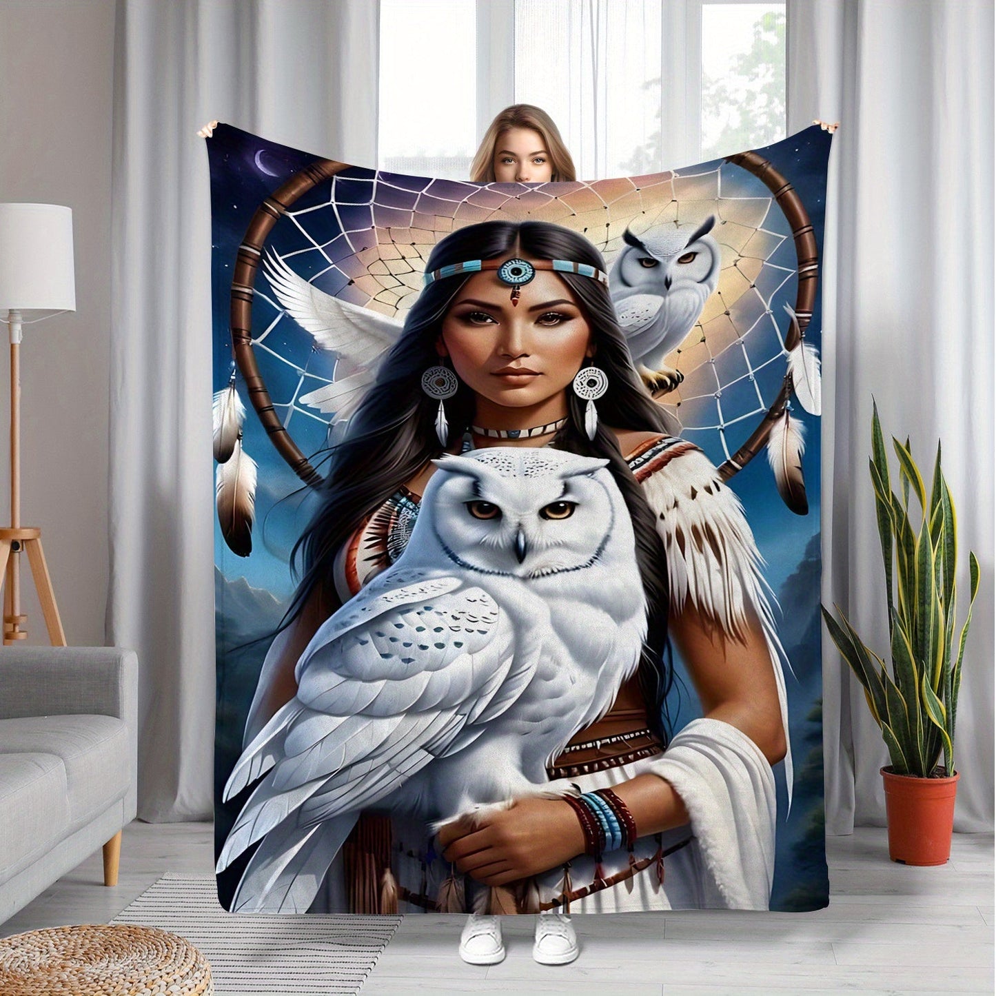 This soft and warm polyester knit flannel throw blanket features a digital print of an eagle queen, perfect for use on the sofa, bed, or while traveling or camping. The contemporary design includes a dreamcatcher and owl, making it suitable for use in