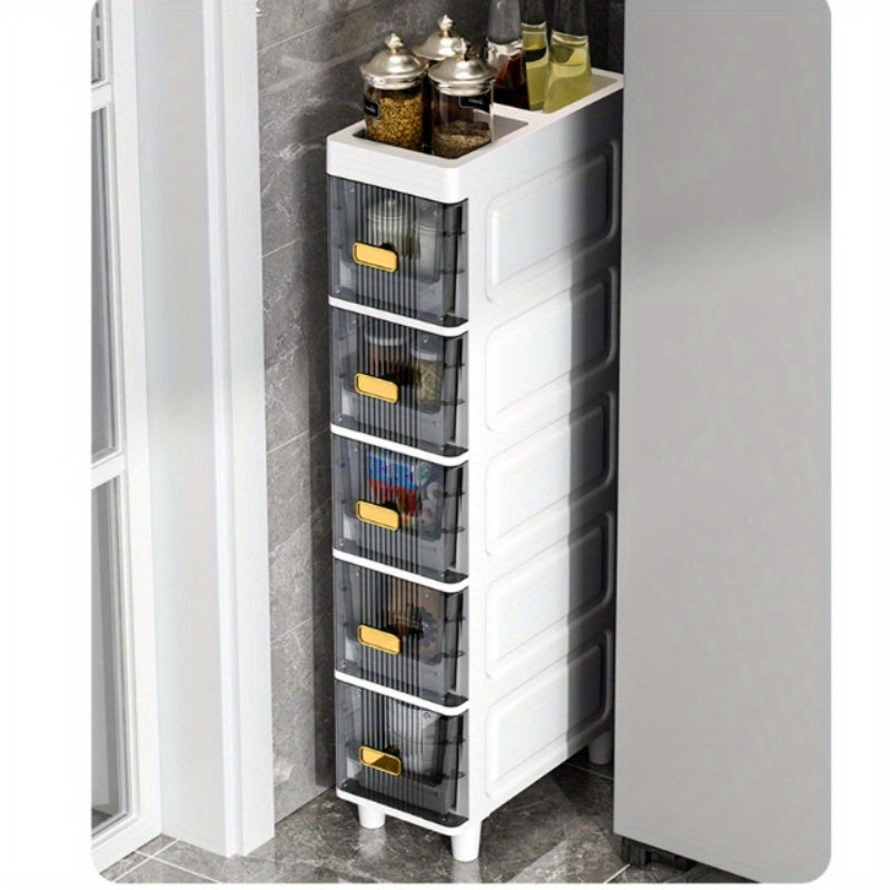 Multi-purpose slim storage cabinet made from waterproof PP material with drawers, ideal for organizing bathroom, kitchen, and personal care products.