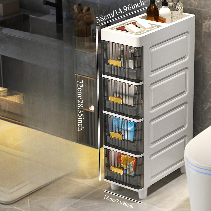 Multi-purpose slim storage cabinet made from waterproof PP material with drawers, ideal for organizing bathroom, kitchen, and personal care products.