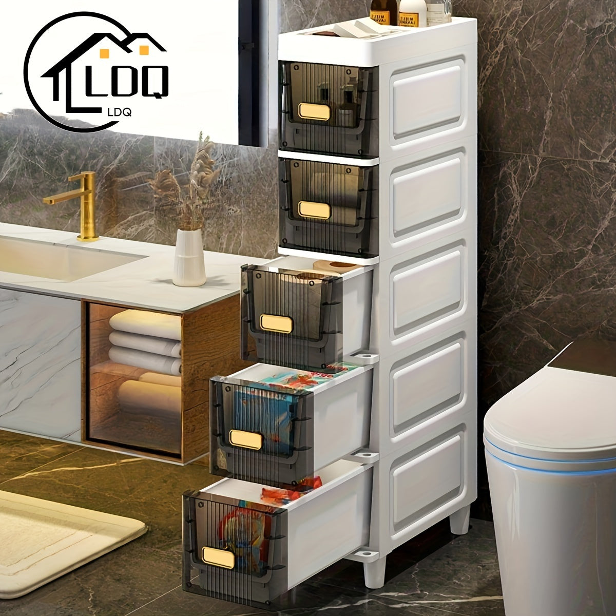 Multi-purpose slim storage cabinet made from waterproof PP material with drawers, ideal for organizing bathroom, kitchen, and personal care products.