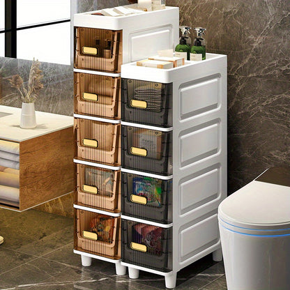 Multi-purpose slim storage cabinet made from waterproof PP material with drawers, ideal for organizing bathroom, kitchen, and personal care products.