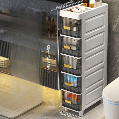 Multi-purpose slim storage cabinet made from waterproof PP material with drawers, ideal for organizing bathroom, kitchen, and personal care products.