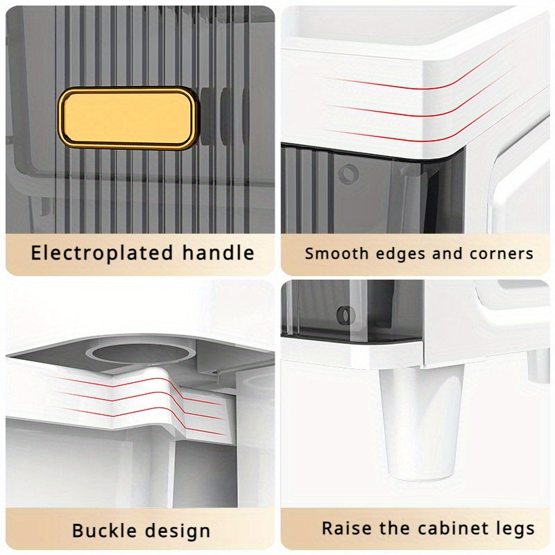 Multi-purpose slim storage cabinet made from waterproof PP material with drawers, ideal for organizing bathroom, kitchen, and personal care products.