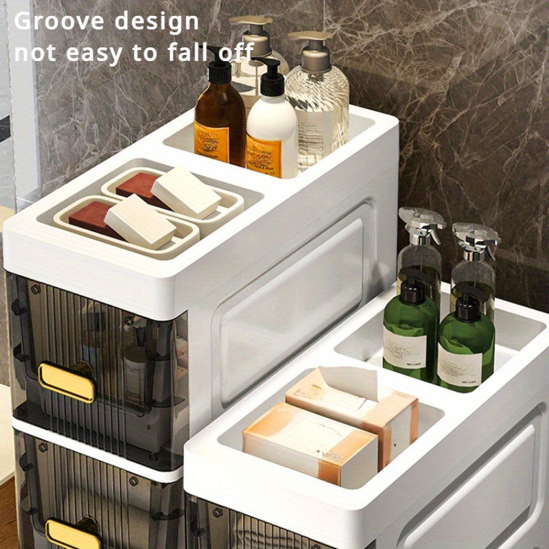 Multi-purpose slim storage cabinet made from waterproof PP material with drawers, ideal for organizing bathroom, kitchen, and personal care products.