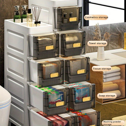 Multi-purpose slim storage cabinet made from waterproof PP material with drawers, ideal for organizing bathroom, kitchen, and personal care products.