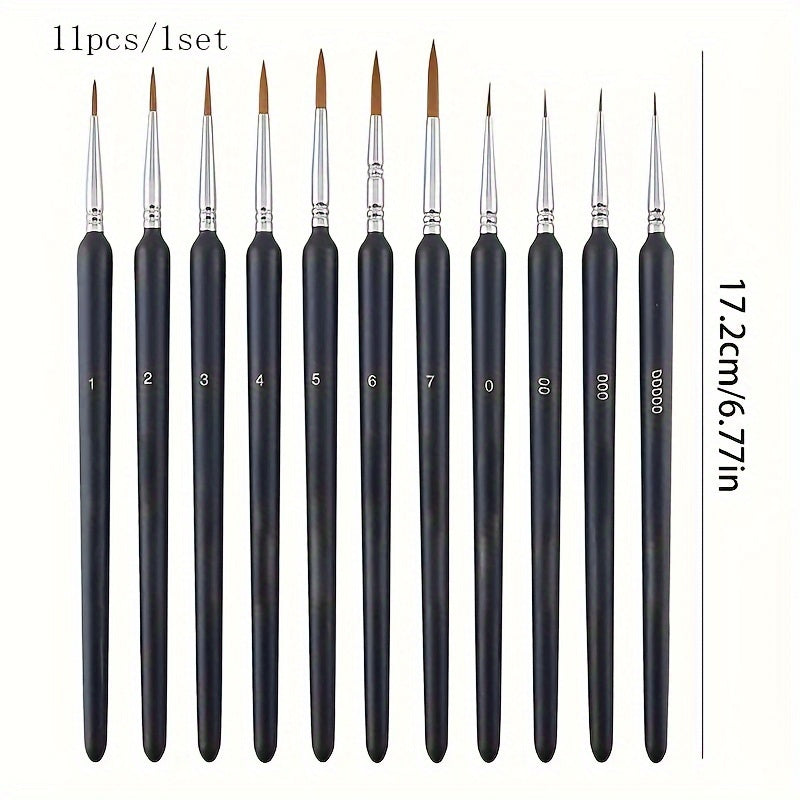 11pcs Professional Fine Line Drawing Brush Set made with durable miniature weasel hair brushes for watercolor, oil, acrylic painting. Artists' wooden handle detail brushes included.