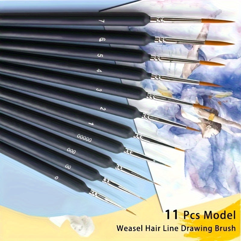 11pcs Professional Fine Line Drawing Brush Set made with durable miniature weasel hair brushes for watercolor, oil, acrylic painting. Artists' wooden handle detail brushes included.