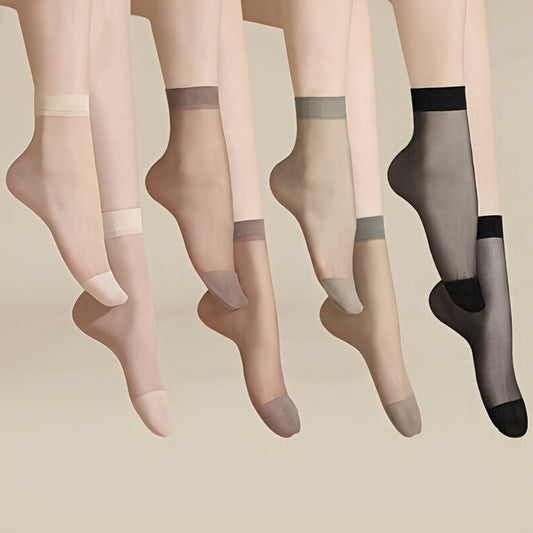 Ten pairs of women's sheer thin stockings in assorted colors (beige, gray, black, nude) made of breathable polyester and sweat-absorbent material; ideal for summer wear.