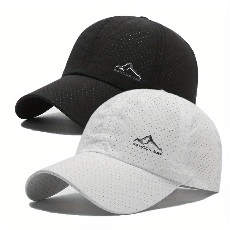 2pcs Quick Dry Printed Baseball Cap with Snow Mountain Logo, ideal for travel, hiking, and casual fashion.