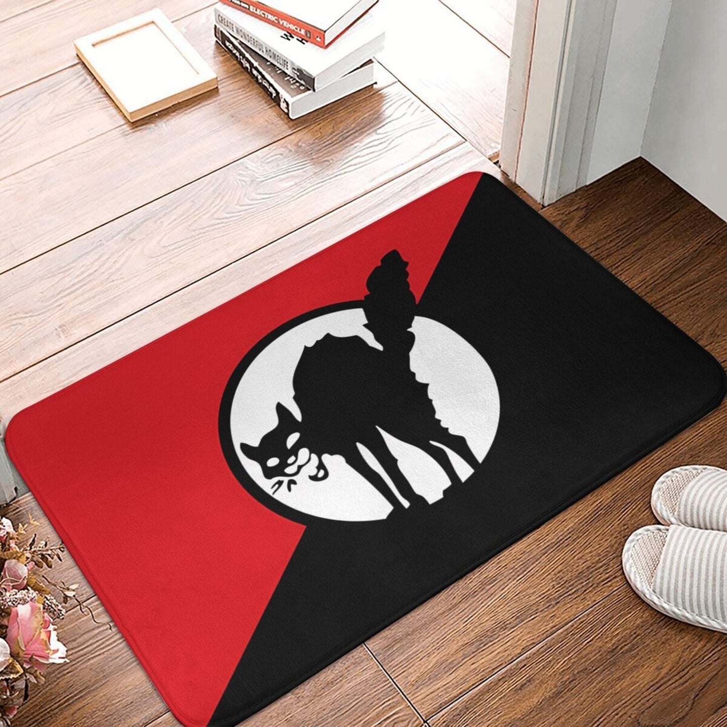 Lightweight, Machine Washable Flannel Bath Mat with Anarchist Black Cat Flag Design for Home Decor