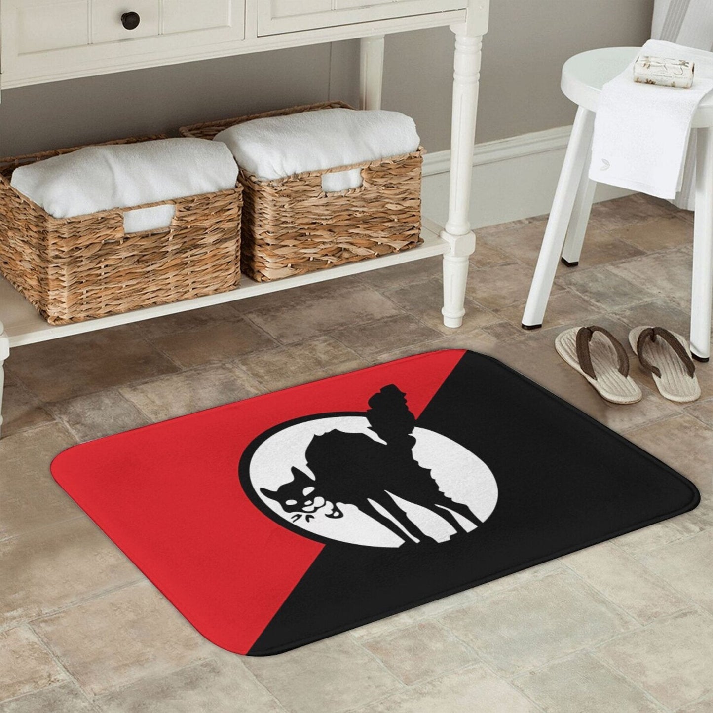 Lightweight, Machine Washable Flannel Bath Mat with Anarchist Black Cat Flag Design for Home Decor