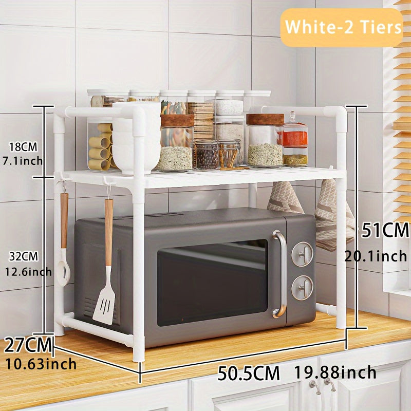 Organize your kitchen with the PMMJ 2-Tier Counter Shelf. This space-saving plastic and metal shelf includes hooks for hanging kitchen accessories and a designated space for your microwave. Keep your kitchen organized with this versatile oven rack