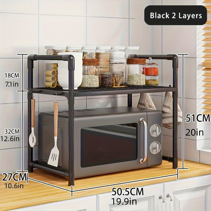 Organize your kitchen with the PMMJ 2-Tier Counter Shelf. This space-saving plastic and metal shelf includes hooks for hanging kitchen accessories and a designated space for your microwave. Keep your kitchen organized with this versatile oven rack