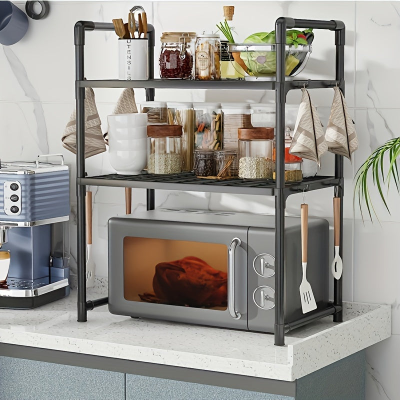 Organize your kitchen with the PMMJ 2-Tier Counter Shelf. This space-saving plastic and metal shelf includes hooks for hanging kitchen accessories and a designated space for your microwave. Keep your kitchen organized with this versatile oven rack