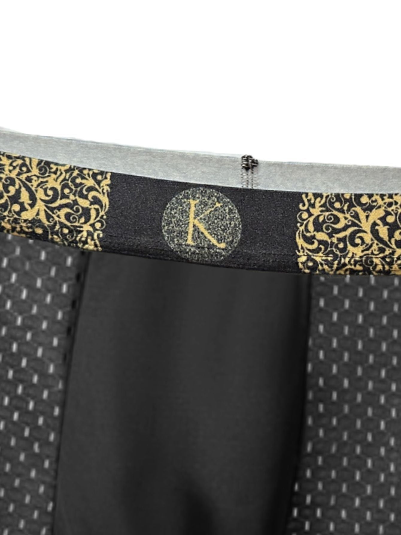 Men's luxury baroque style boxer shorts in black, dark gray, light gray, and sky blue.