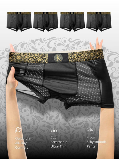 Men's Luxury Baroque Style Boxer Briefs, 4 pieces, Ice Silky Cool & Breathable, Quick-Dry, Ultra-Thin, Fashionable with Golden Waistband, available in Black, Dark Gray, Light Gray, and Sky