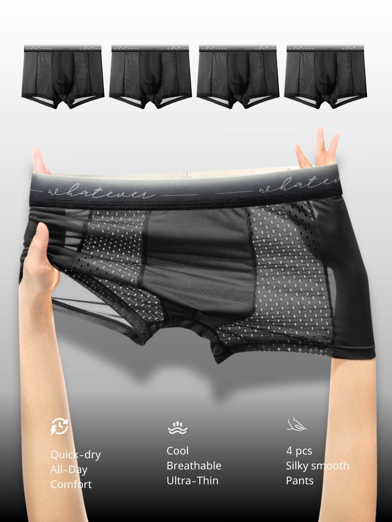 4 mens boxer briefs with breathable mesh panel, solid color, knit fabric, medium stretch, 93% polyester 7% spandex, comfortable cool design with letter print waistband.