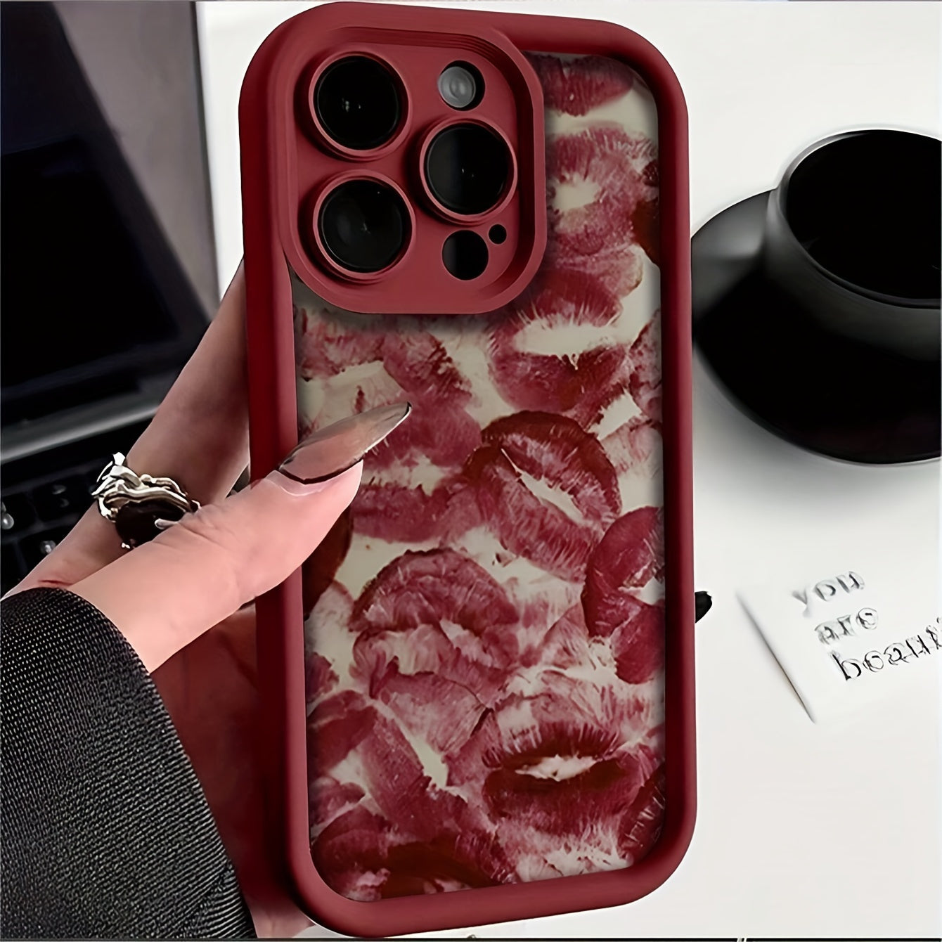 Wine red lip print embossed TPU soft mobile phone case for iPhone, anti-fall and waterproof.