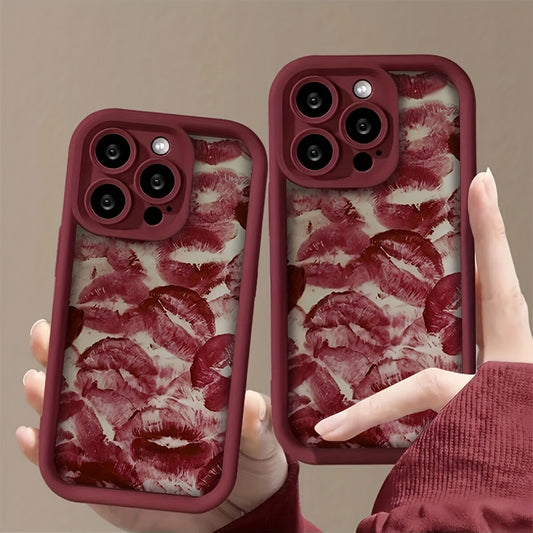 Wine red lip print embossed TPU soft mobile phone case for iPhone, anti-fall and waterproof.