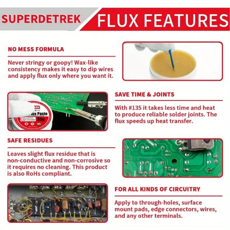 Rosin soldering flux paste, no clean welding for electronics & circuit boards, available in 35-300g sizes.