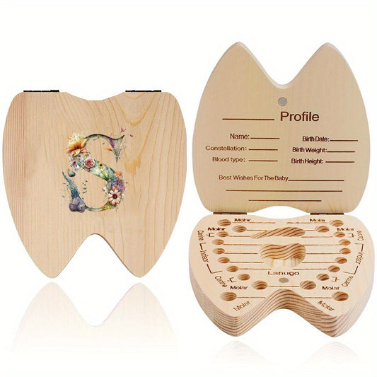 Wooden Tooth Storage Box with Floral Letter Pattern: A Keepsake for Children's Deciduous Teeth