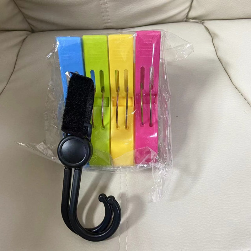 Set of 5 pieces including bag clips, clothes towel dryer clips, and hooks for socks and underwear.