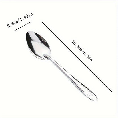 Set of 6 elegant dessert spoons made of stainless steel, featuring beautiful rose engravings. Ideal for use with coffee, fruit, and more. The shiny reflective finish makes them perfect for both home and restaurant use.