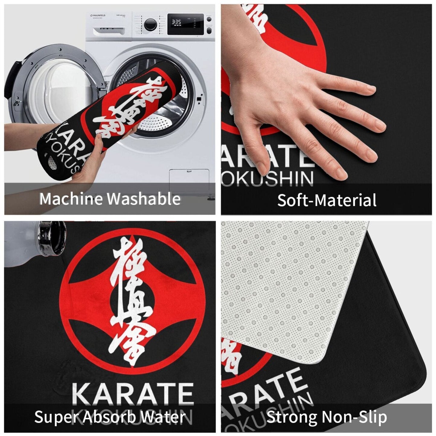 Kyokushin Karate Ramzi va Kanji Matni - Oson tozalanadigan mashinada, to'rtburchak shakli, uy bezatish uchun sirpanmaydigan polyester mat, yengil, ichki kirish joyi uchun mashinada tayyorlangan gilam