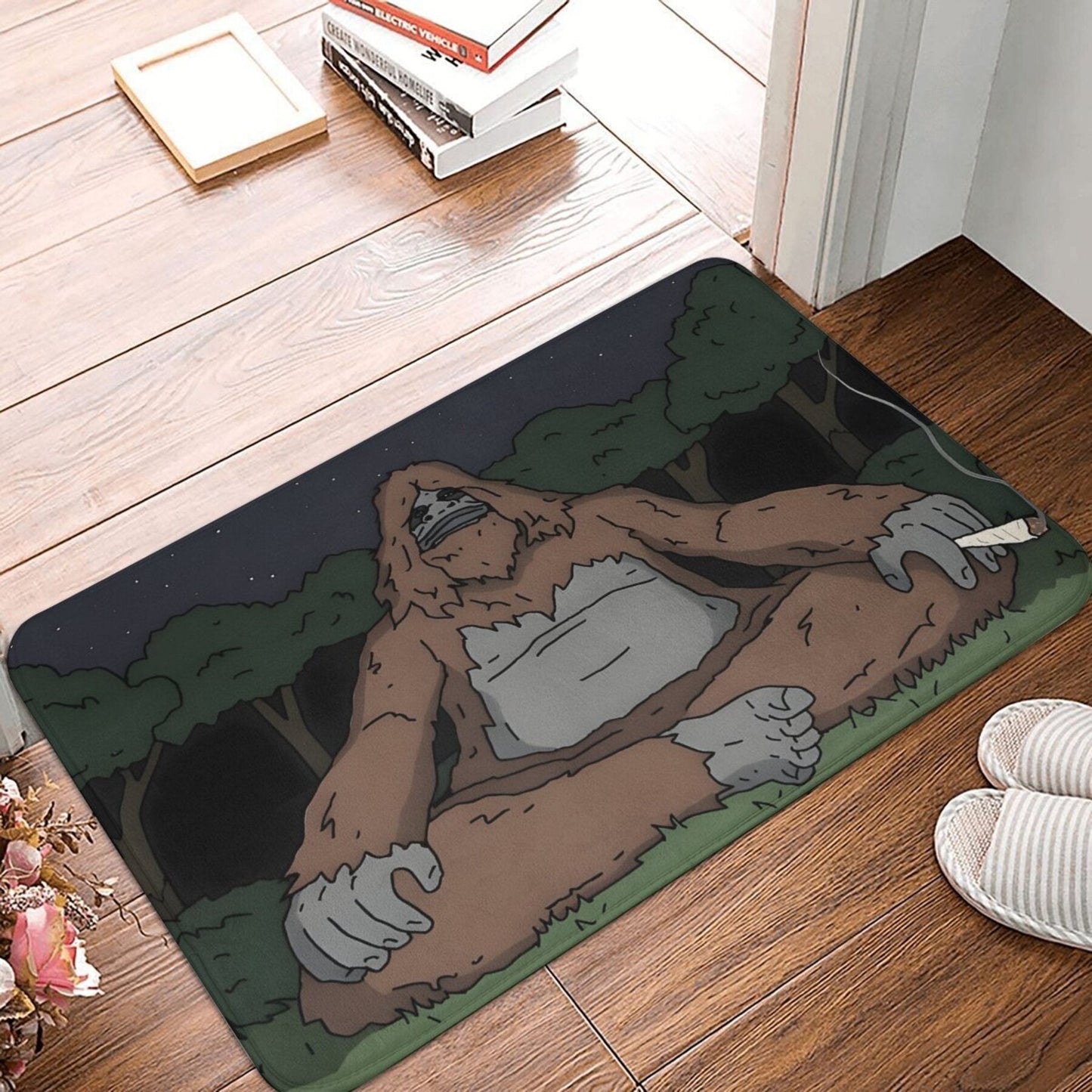 Polyester doormat featuring Sassy the Sasquatch - Easy to clean in the machine, lightweight, non-slip, and perfect for indoor use.