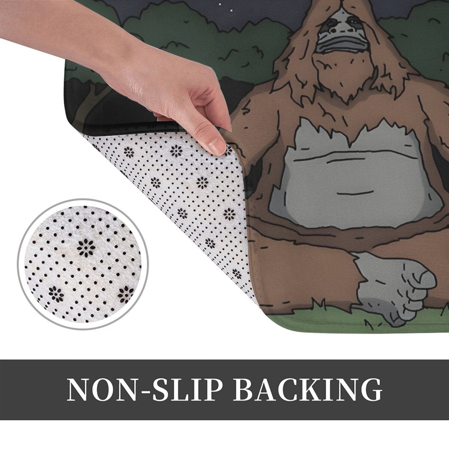 Polyester doormat featuring Sassy the Sasquatch - Easy to clean in the machine, lightweight, non-slip, and perfect for indoor use.