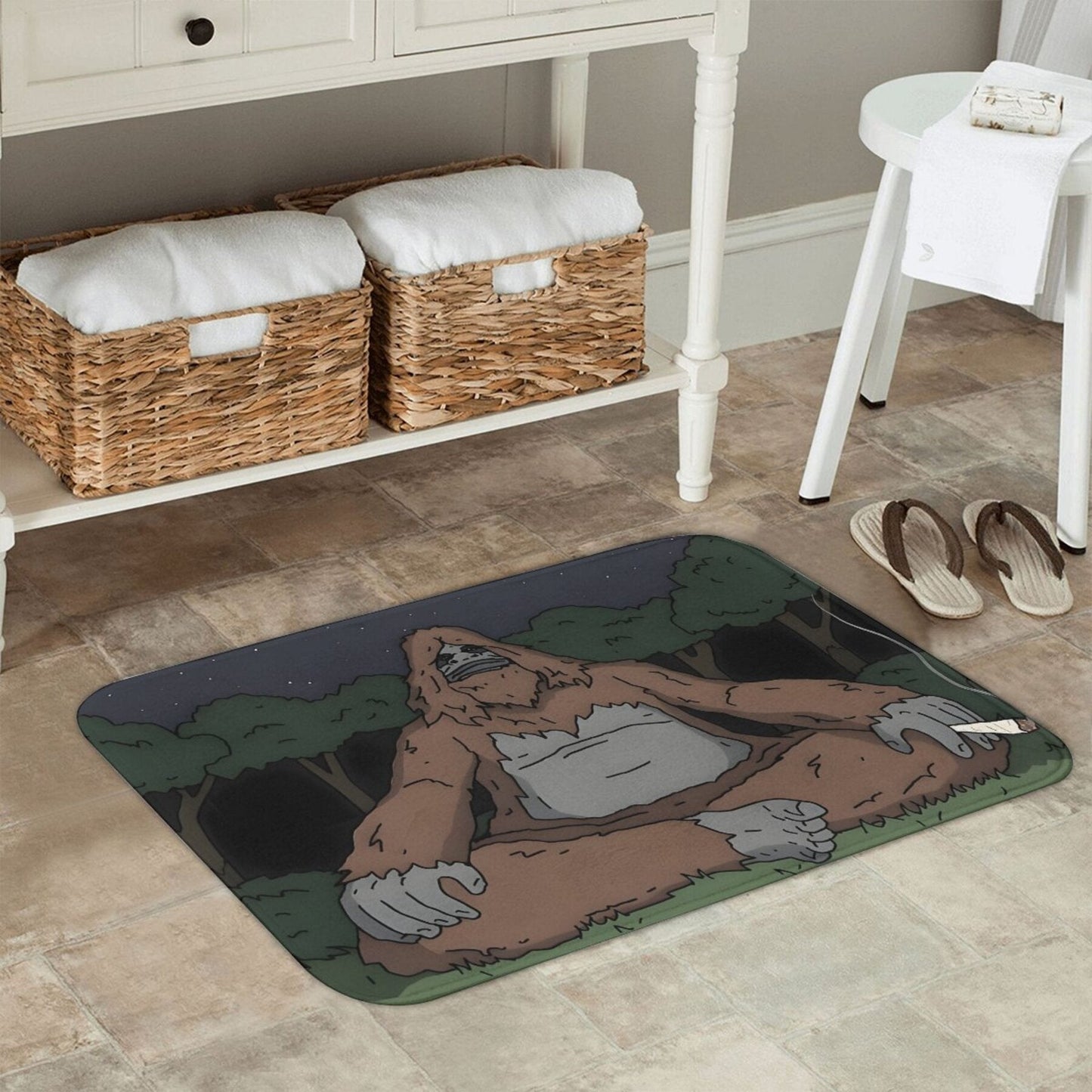 Polyester doormat featuring Sassy the Sasquatch - Easy to clean in the machine, lightweight, non-slip, and perfect for indoor use.