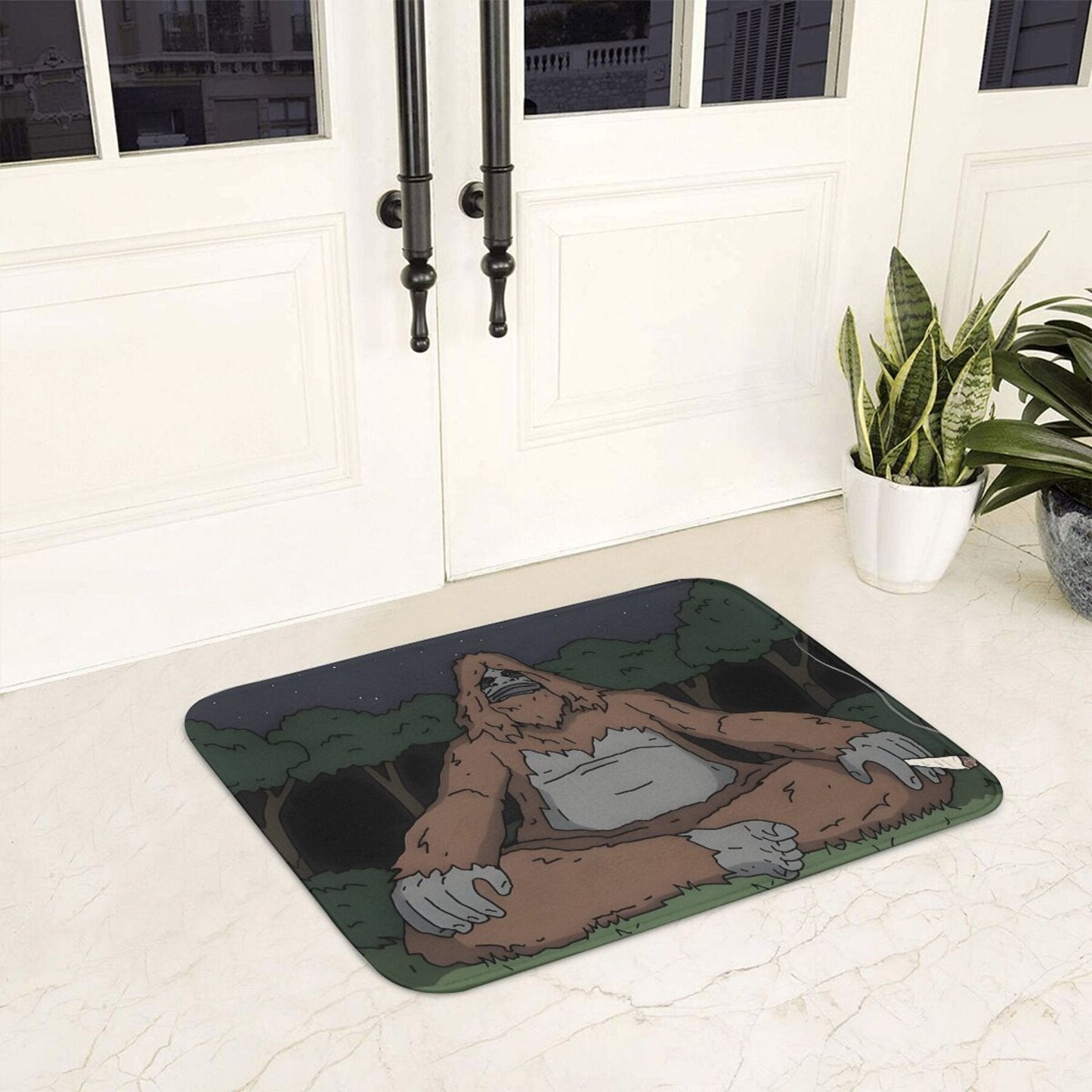 Polyester doormat featuring Sassy the Sasquatch - Easy to clean in the machine, lightweight, non-slip, and perfect for indoor use.