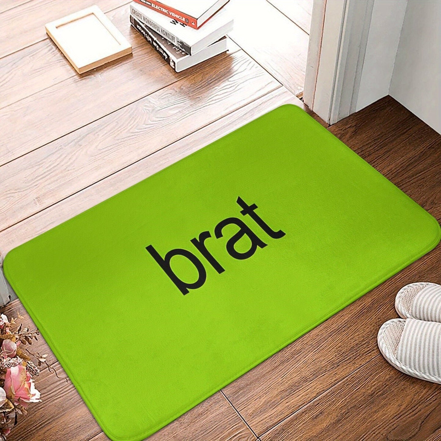 Vibrant Green Charli XCX "Brat" Non-Slip Doormat - Rectangular Kitchen, Hallway, and Entrance Mat for Home Decor - Machine Washable Polyester Flannel - 1 piece