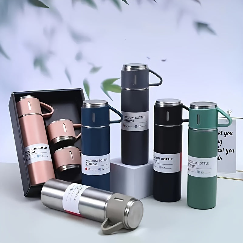 Gift-ready Stainless Steel Vacuum Insulated Water Bottle Set with 3 Cup Lids. This 500ml Travel Thermal Mug keeps drinks hot or cold for hours, making it ideal for both summer and winter use. The set is food contact safe, making it a perfect gift option.