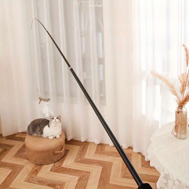 180cm retractable cat teaser wand with feather toy for playful cats. Features 4-section telescopic design and durable plastic material with white artificial feathers. Perfect for indoor fun