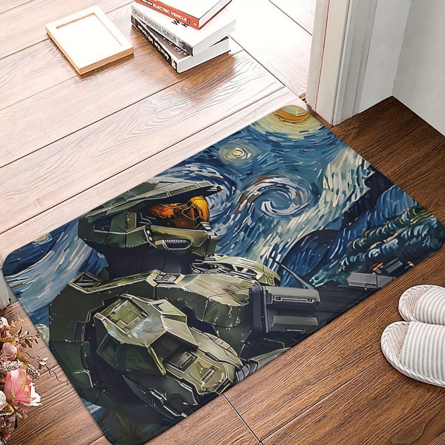 Decorate your home with the Pop Culture-inspired Master Chief Halo Anti-Slip Doormat - Lightweight, Polyester Rug Perfect for Living Room, Balcony Entrance - Easy to Clean and Machine Washable - Stylish Home Decor