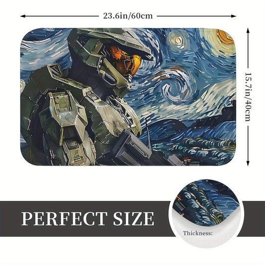 Decorate your home with the Pop Culture-inspired Master Chief Halo Anti-Slip Doormat - Lightweight, Polyester Rug Perfect for Living Room, Balcony Entrance - Easy to Clean and Machine Washable - Stylish Home Decor