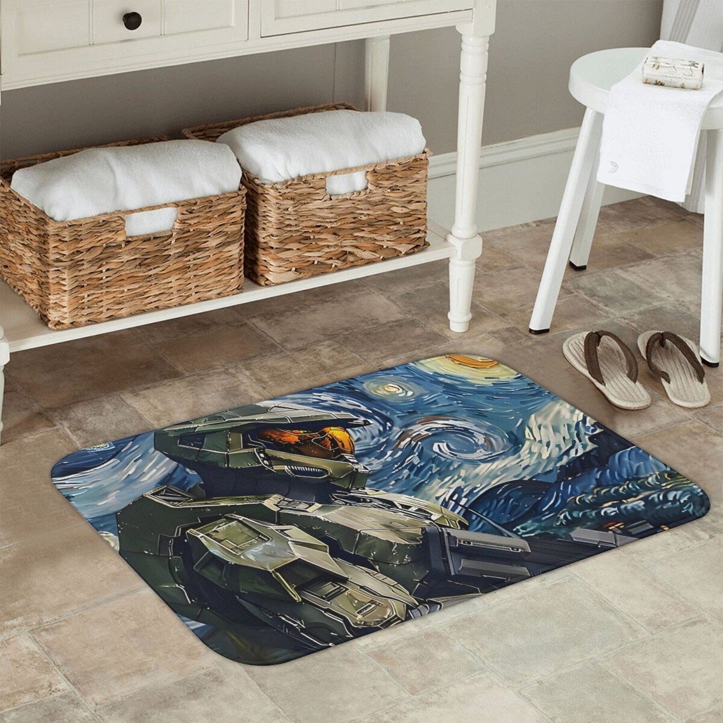 Decorate your home with the Pop Culture-inspired Master Chief Halo Anti-Slip Doormat - Lightweight, Polyester Rug Perfect for Living Room, Balcony Entrance - Easy to Clean and Machine Washable - Stylish Home Decor