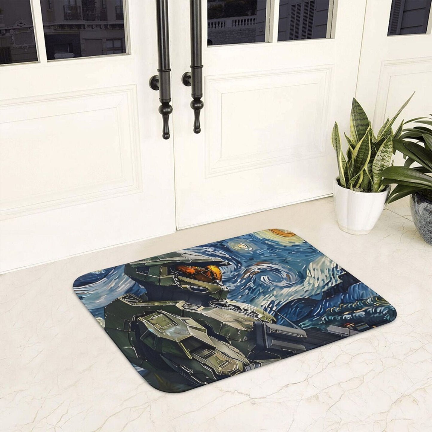 Decorate your home with the Pop Culture-inspired Master Chief Halo Anti-Slip Doormat - Lightweight, Polyester Rug Perfect for Living Room, Balcony Entrance - Easy to Clean and Machine Washable - Stylish Home Decor