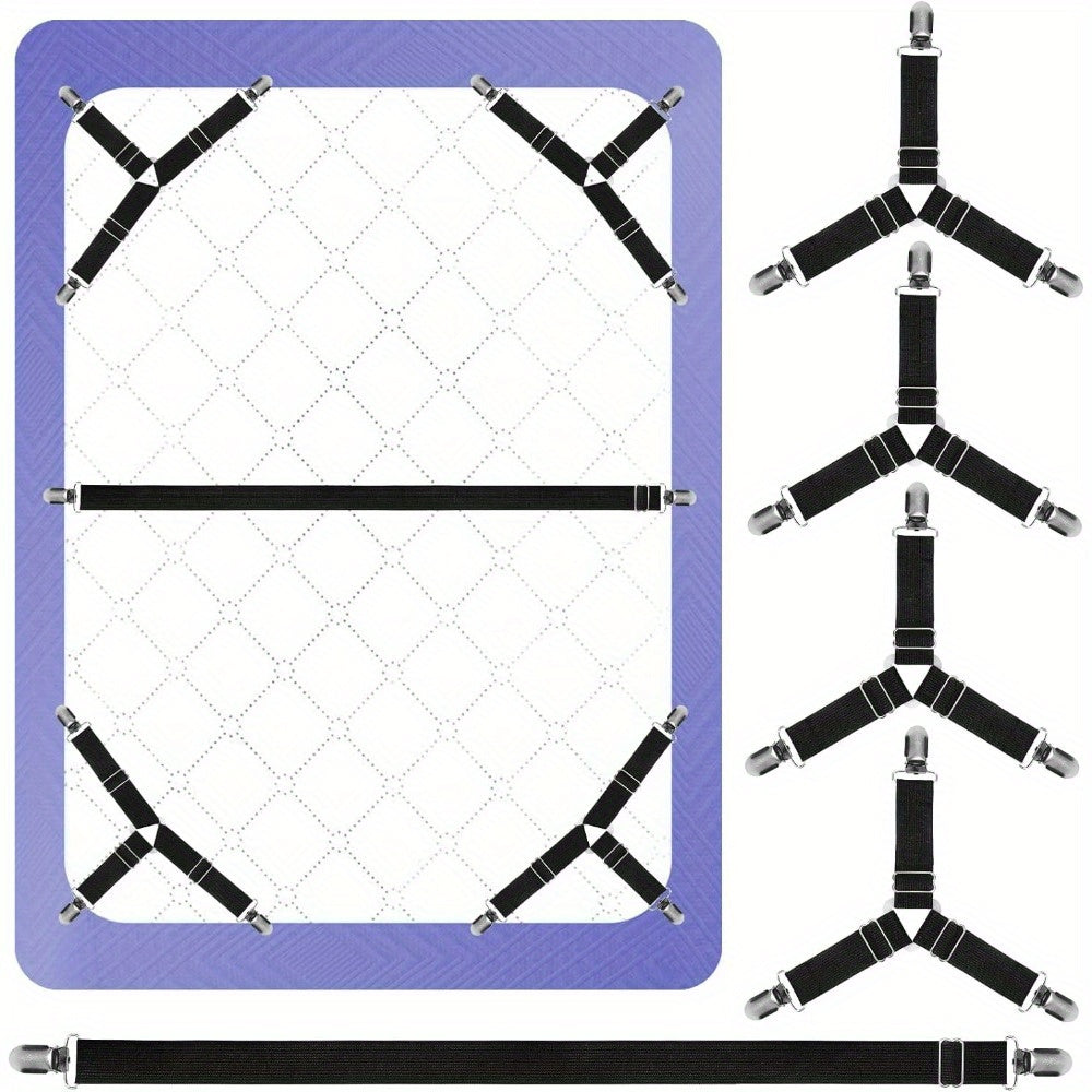 Sheet Holding Straps Set - includes 5 pieces for a secure fit: 1 Straight Strap for the middle of the sheet and 4 Triangle Elastic Clips for the corners. Easily adjustable with metal clips to keep your fitted sheet in place and prevent it from coming off