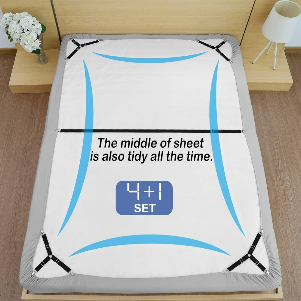 Sheet Holding Straps Set - includes 5 pieces for a secure fit: 1 Straight Strap for the middle of the sheet and 4 Triangle Elastic Clips for the corners. Easily adjustable with metal clips to keep your fitted sheet in place and prevent it from coming off