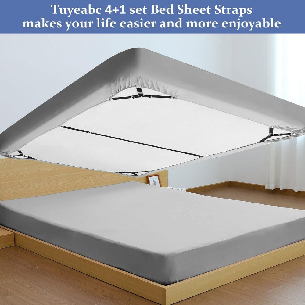 Sheet Holding Straps Set - includes 5 pieces for a secure fit: 1 Straight Strap for the middle of the sheet and 4 Triangle Elastic Clips for the corners. Easily adjustable with metal clips to keep your fitted sheet in place and prevent it from coming off