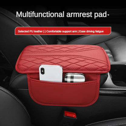 Luxurious PU Leather Car Armrest Cushion with Ventilation Holes, Side Pockets, and Ergonomic Design for Comfort and Organization.