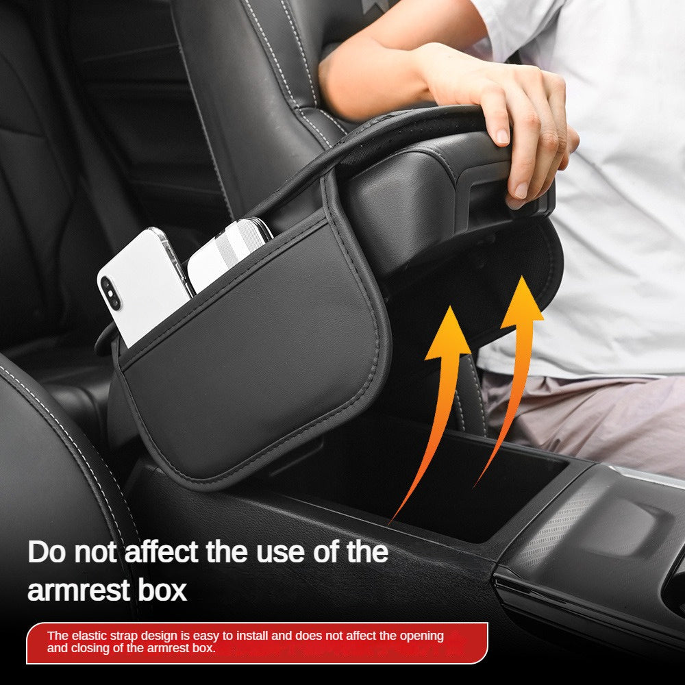 Luxurious PU Leather Car Armrest Cushion with Ventilation Holes, Side Pockets, and Ergonomic Design for Comfort and Organization.