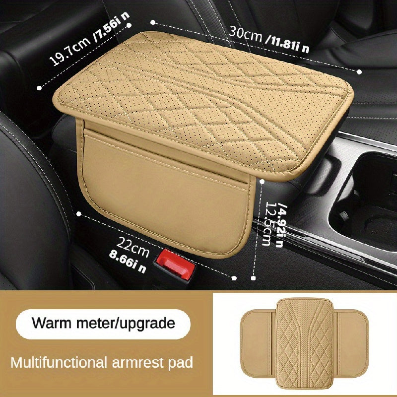 Luxurious PU Leather Car Armrest Cushion with Ventilation Holes, Side Pockets, and Ergonomic Design for Comfort and Organization.