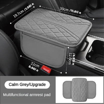 Luxurious PU Leather Car Armrest Cushion with Ventilation Holes, Side Pockets, and Ergonomic Design for Comfort and Organization.